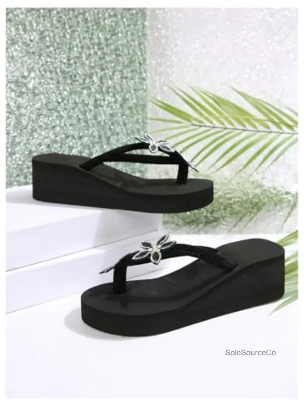 Wedge Flip Flops Sandals Sparkly Rhinestone Flower Appliques Open Toe